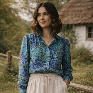 ’90s Vintage Romantic Floral Blouse • Artsy Jewel-Tone Print • Button-Front